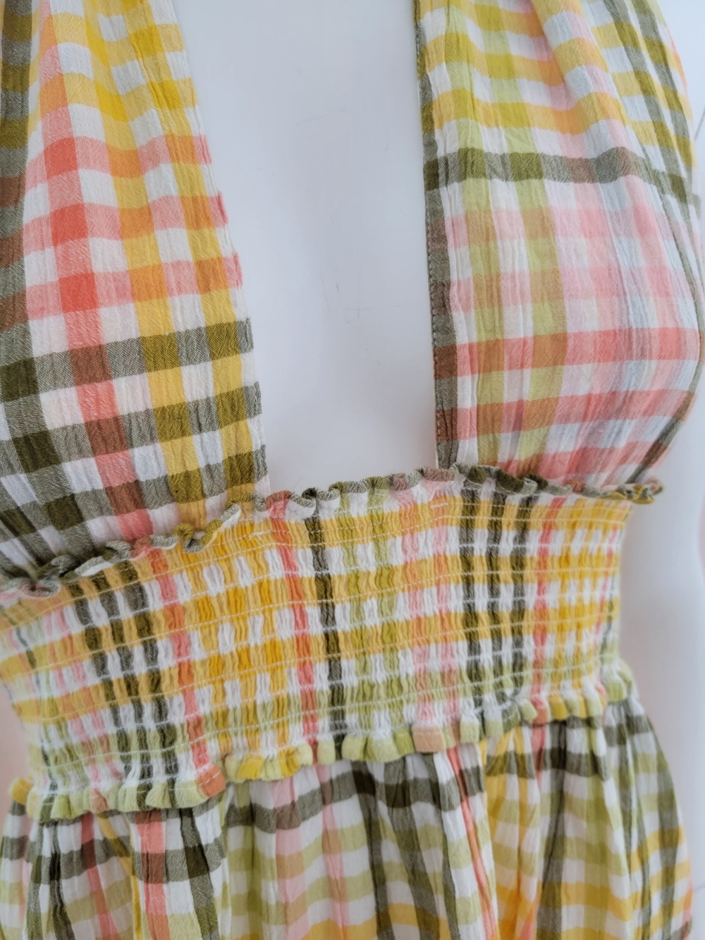 Aerie Plaid Halter Mini Dress Size M – Yellow Pink Green Checkered Ruffle Hem - Picture 3 of 8